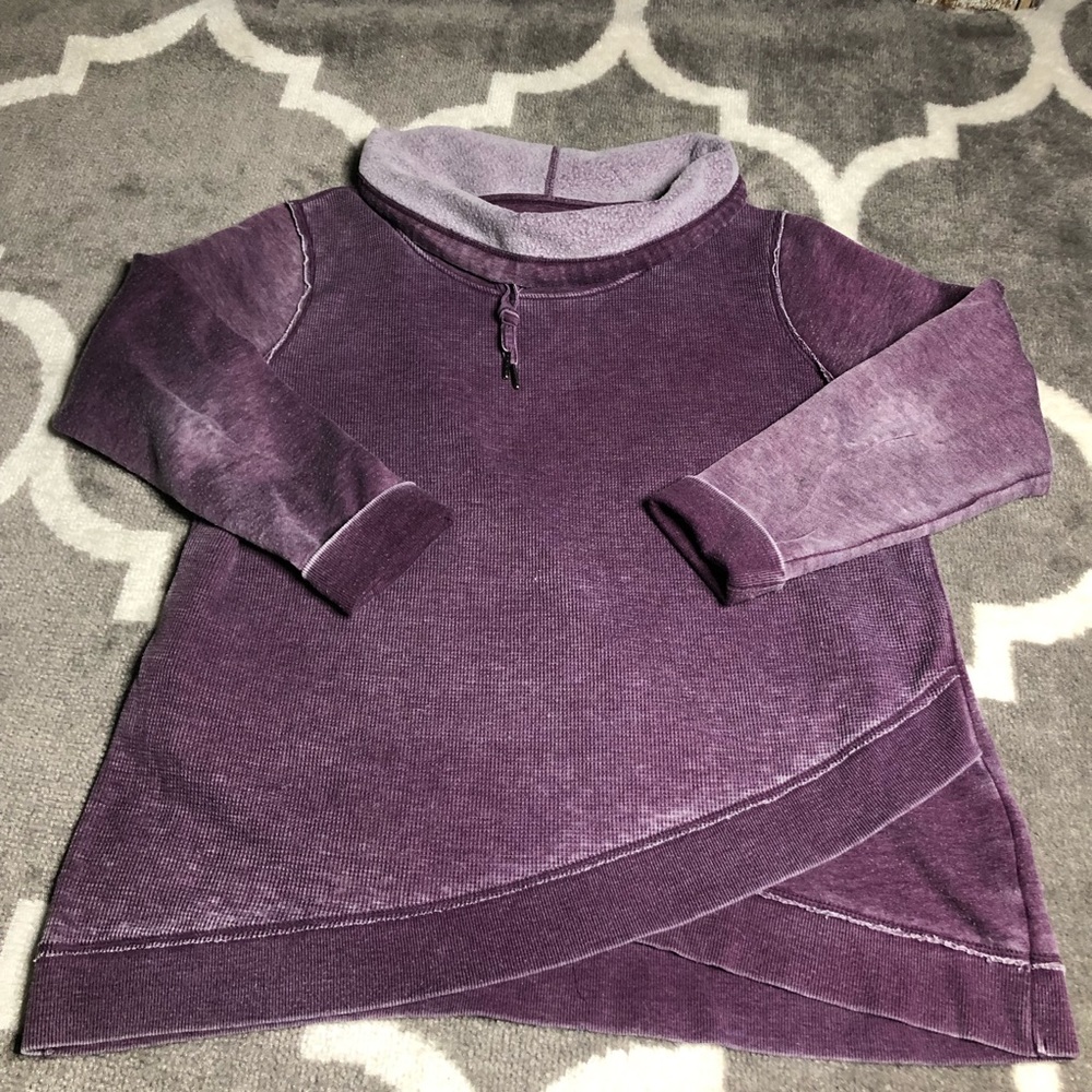 Calvin Klein Sweatshirt Women Large Faux Wrap Hem Cowl Neck Pullover Distressed